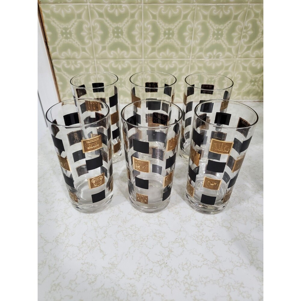 Mid Century Gold Plaid Black Square Greek Image Highball Glasses Flat Tumblers 6